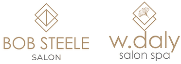 Logos of Bob Steele Salon and W. Daly Salon Spa with minimalist geometric designs.