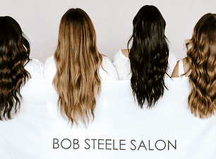 Four women with long, styled hair facing away, with "Bob Steele Salon" text below them.