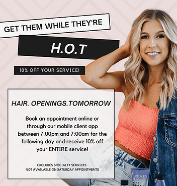 Woman promoting a 10% discount on hair services for appointments booked online between 7:00pm and 7:00am.